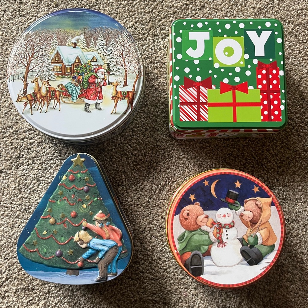Festive Holiday Tins. Christmas candy or cookie tins. Set of 4